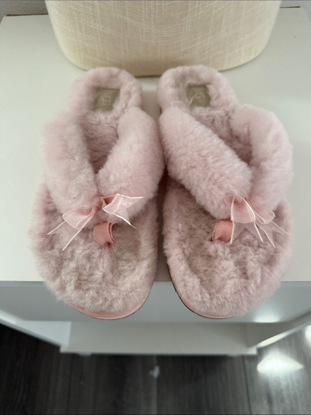 UGG Pink Fluff Slipper with Satin Bow